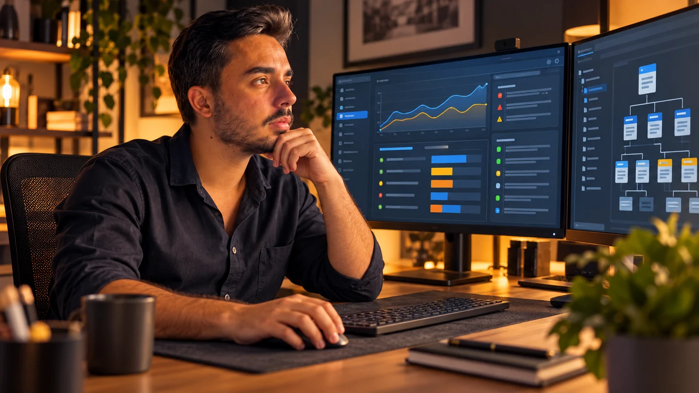 Berke, teknik SEO denetim panelini ve site yapısını incelerken; AI ile üretilmiş temsili sahne.